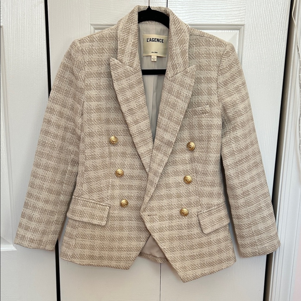 L'AGENCE Cream Checkered Blazer with Gold Accents